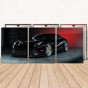 3 Counts Wooden Framed Canvas Painting, Cool Black Sports Car In Garage, Exquisite Poster, Perfect Living Room Decoration, Modern Art, Fashion Family Poster, Wall Art Decoration, Waterproof Art
