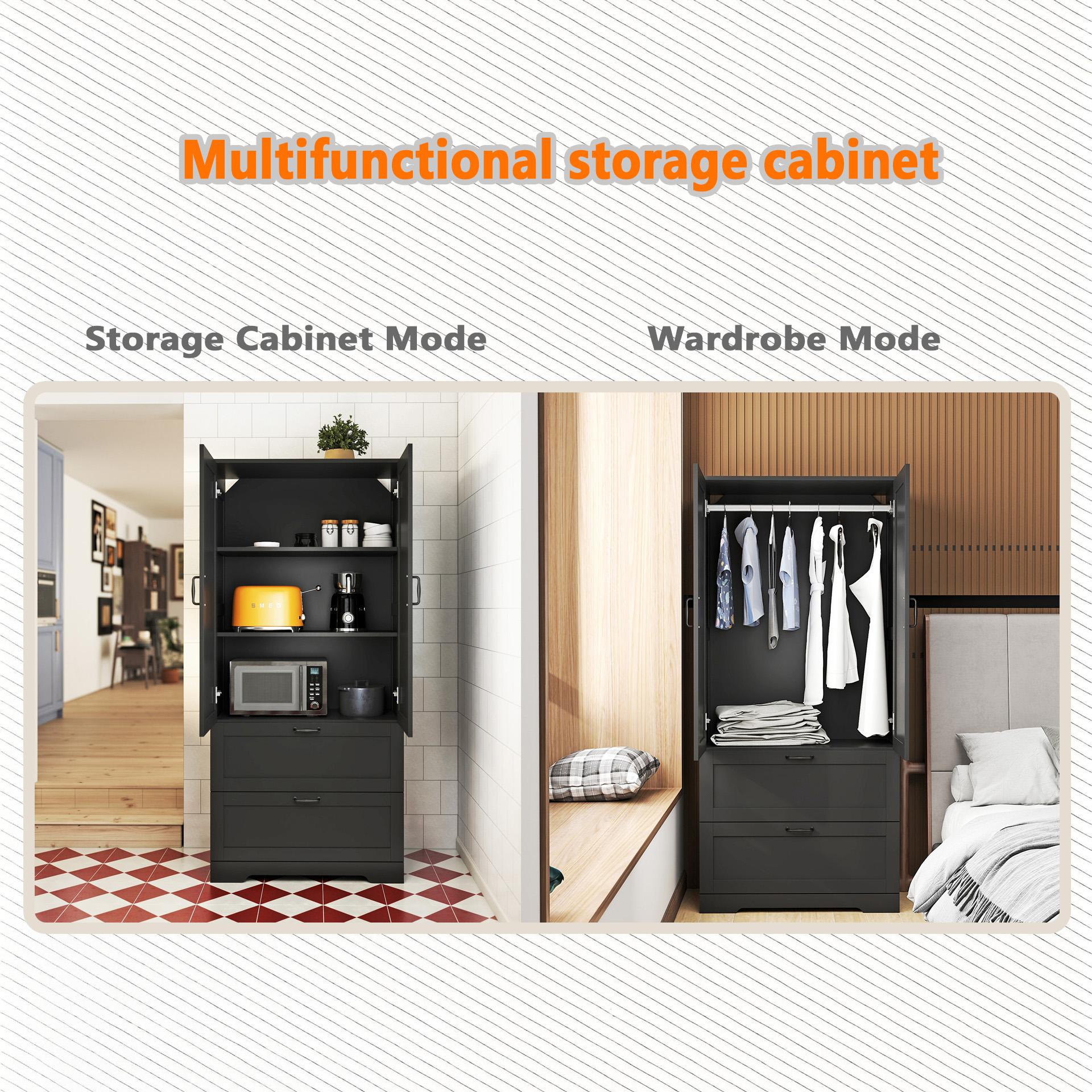 Armoire Wardrobe Closet with 2 Drawers, 63" Clothing Storage Cabinet with Hanging Rod, 2 Doors Wooden Wardrobe Cabinet for Bedroom, Large Capacity Storage