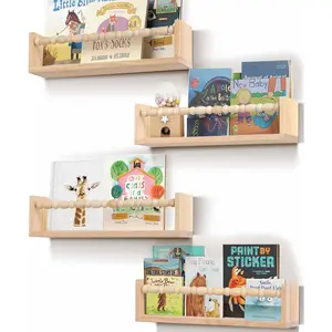 4-Piece Natural Wood Space-Saving Floating Wall Shelves - Nursery & Kitchen Use, Easy Installation, Home Decor Gift for Kids