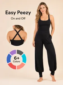 2026 New Women’s Strappy Cami Cross Back Yoga Jumpsuit, Soft Bamboo Blend 4-Way Stretch Wide Leg Romper, Sleeveless Activewear Loungewear Athleisure Casual One Piece Outfit with Pockets & Scrunchable Ankle Cuffs #Summerviber