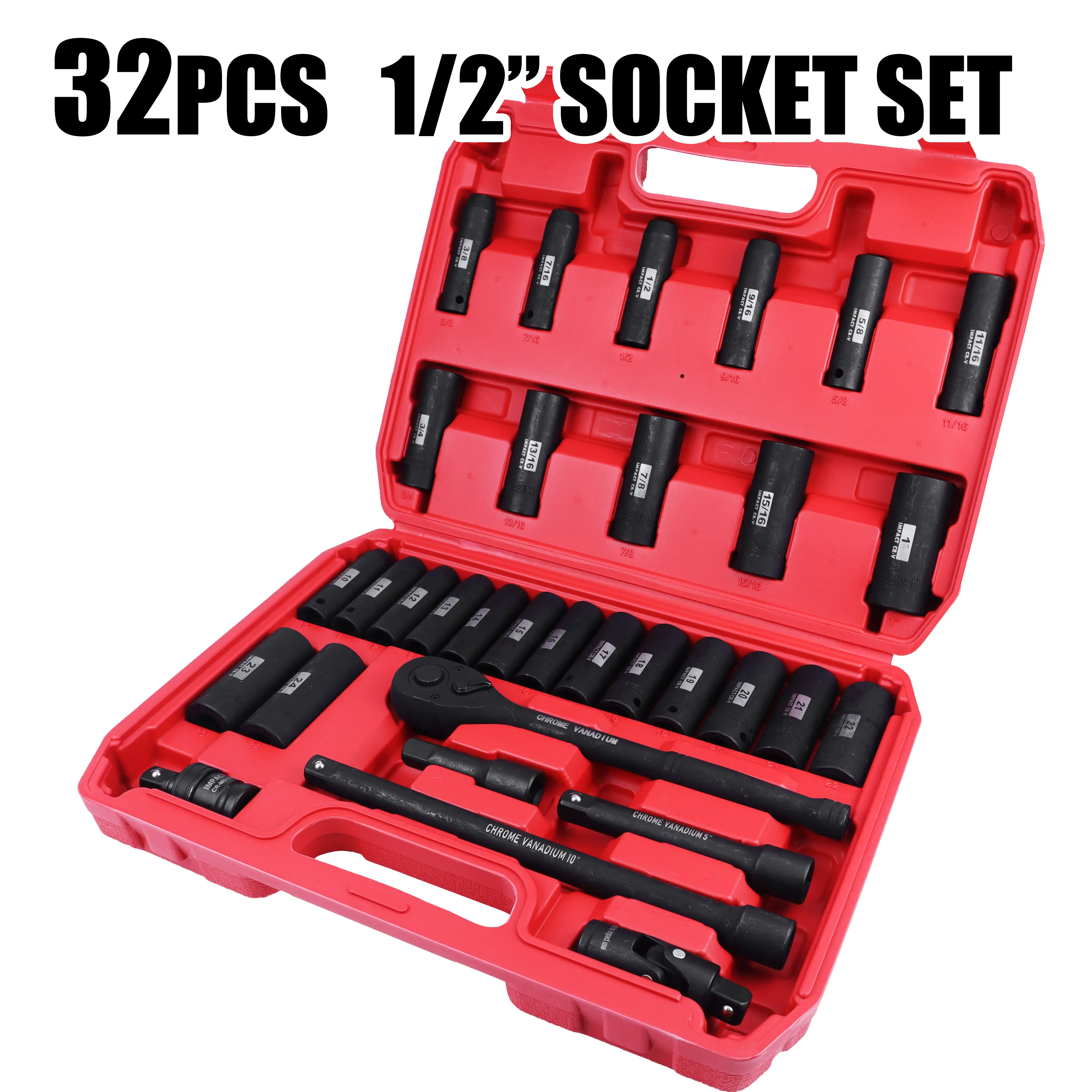 32PCS 1/2" Drive Impact Socket Set for Auto Repair - Deep & Shallow SAE Metric Sockets, Quick-Release Ratchet Handle, Extension Bars, Universal Joint