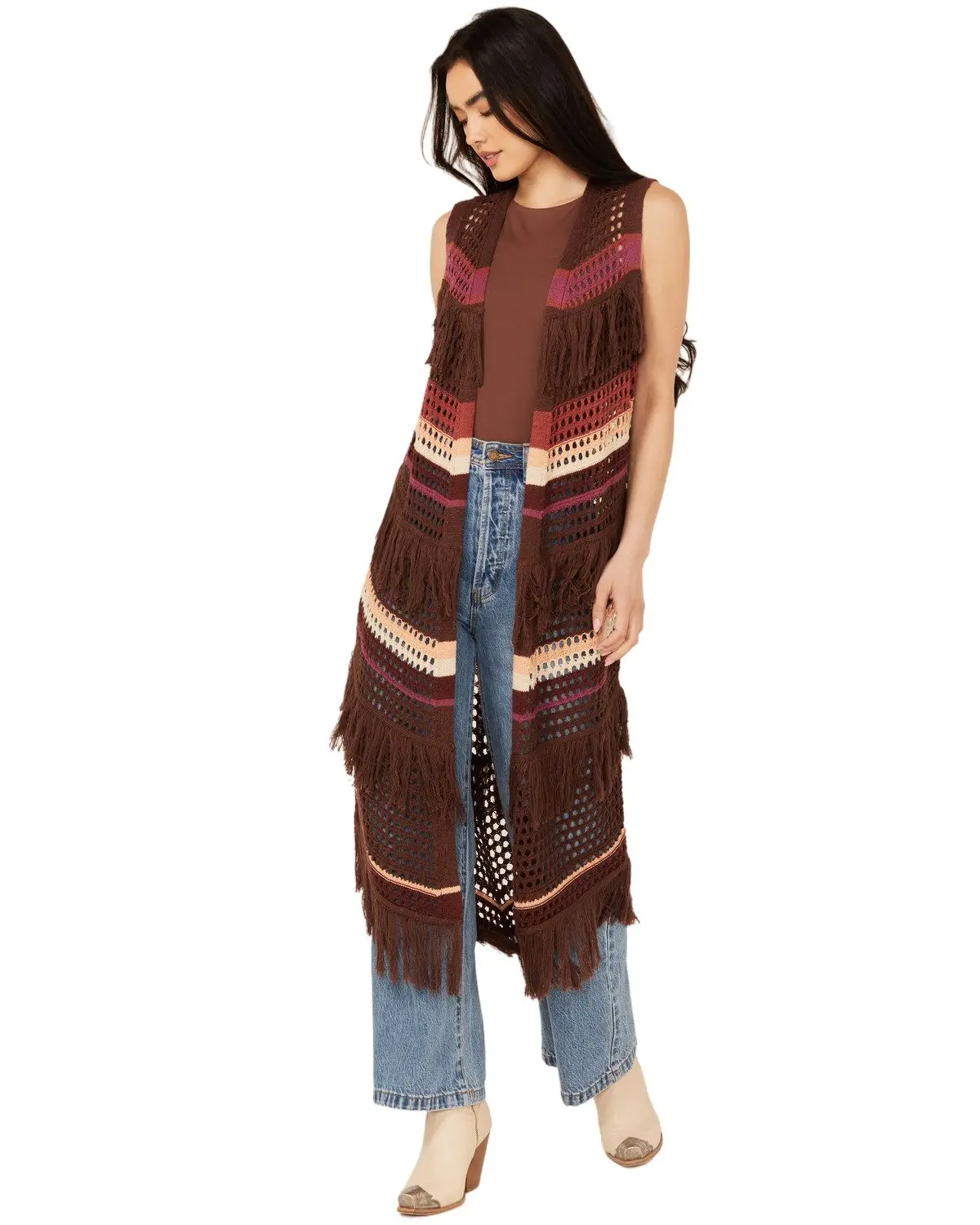 Shyanne Women's Women'S Long Striped Crochet Fringe Sweater Vest - Swsp24v69-Dkbn