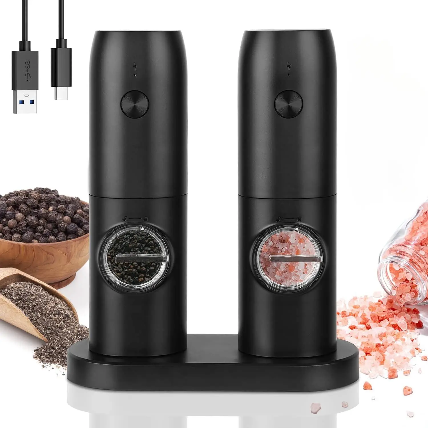 Electric Salt & Pepper Grinder Set, USB Rechargeable Automatic Pepper Mill Grinder, One Hand Operation Salt & Pepper Grinder with 5-Level Adjustable C