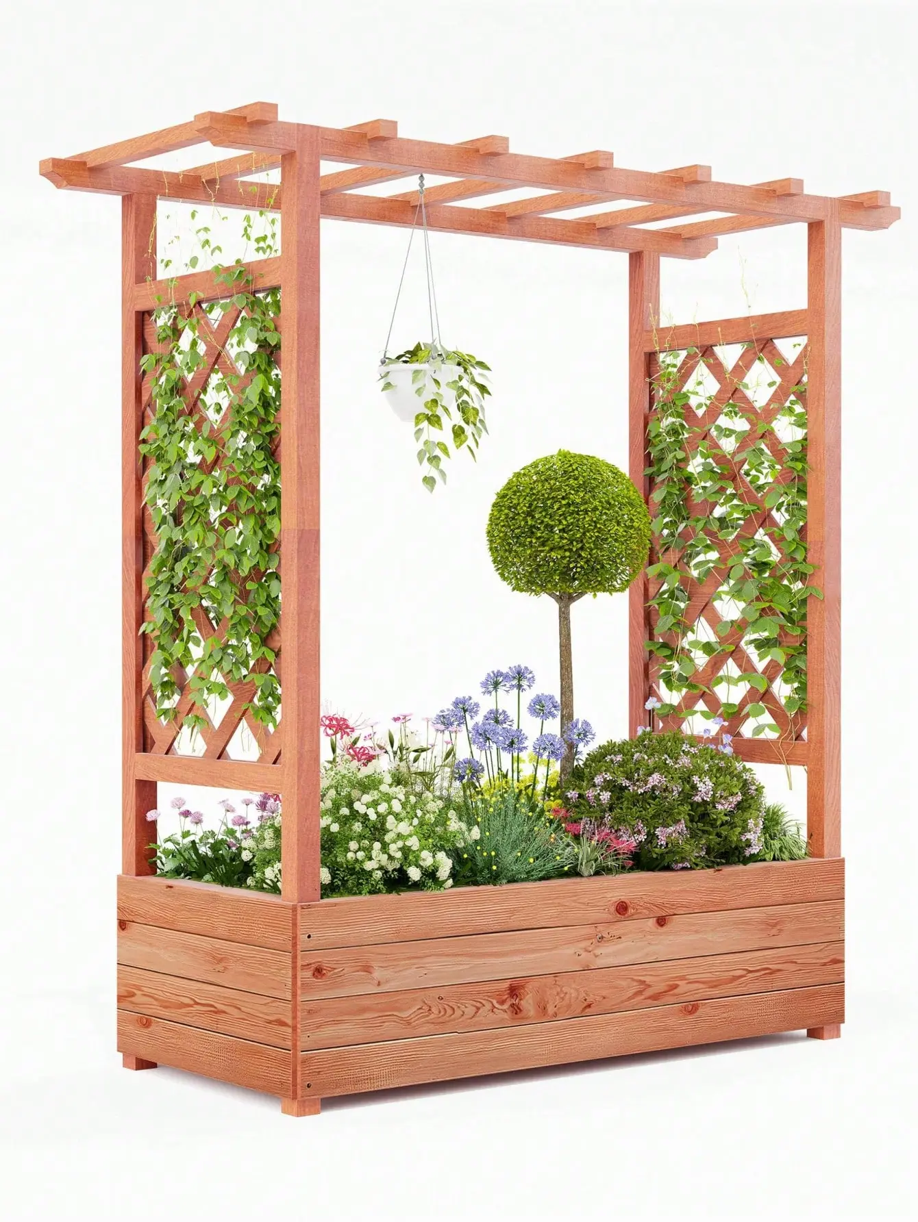 【Christmas Gift】Camel Raised Garden Bed with Trellis - Wooden Planter Box with Side Supports, Canopy, 4 Drainage Holes - Ideal for Climbing Plants, Flowers - 43"X17"X45" for Decks, Aids Moisture Control & Stronger Plant Growth