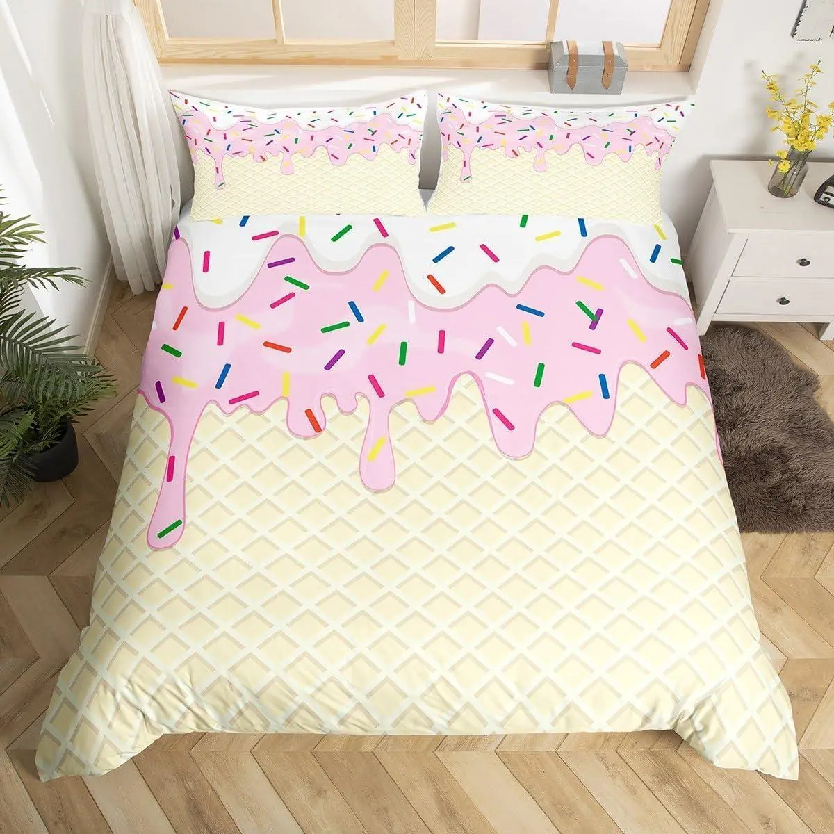 Women Ice Cream Duvet Cover Set,Breathable Pink White Cream Cake Bedding Sets(1 Duvet Cover ),Colorful Candy Printed Comforter Cover Set for Girls Kids(No Comforter)