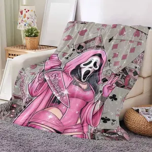 Pink Ghost Face Flannel Blanket Playing Card Print Soft Cozy Warm Lightweight Decorative Throw Perfect for Bedroom Living Room Lounge Gift Parties