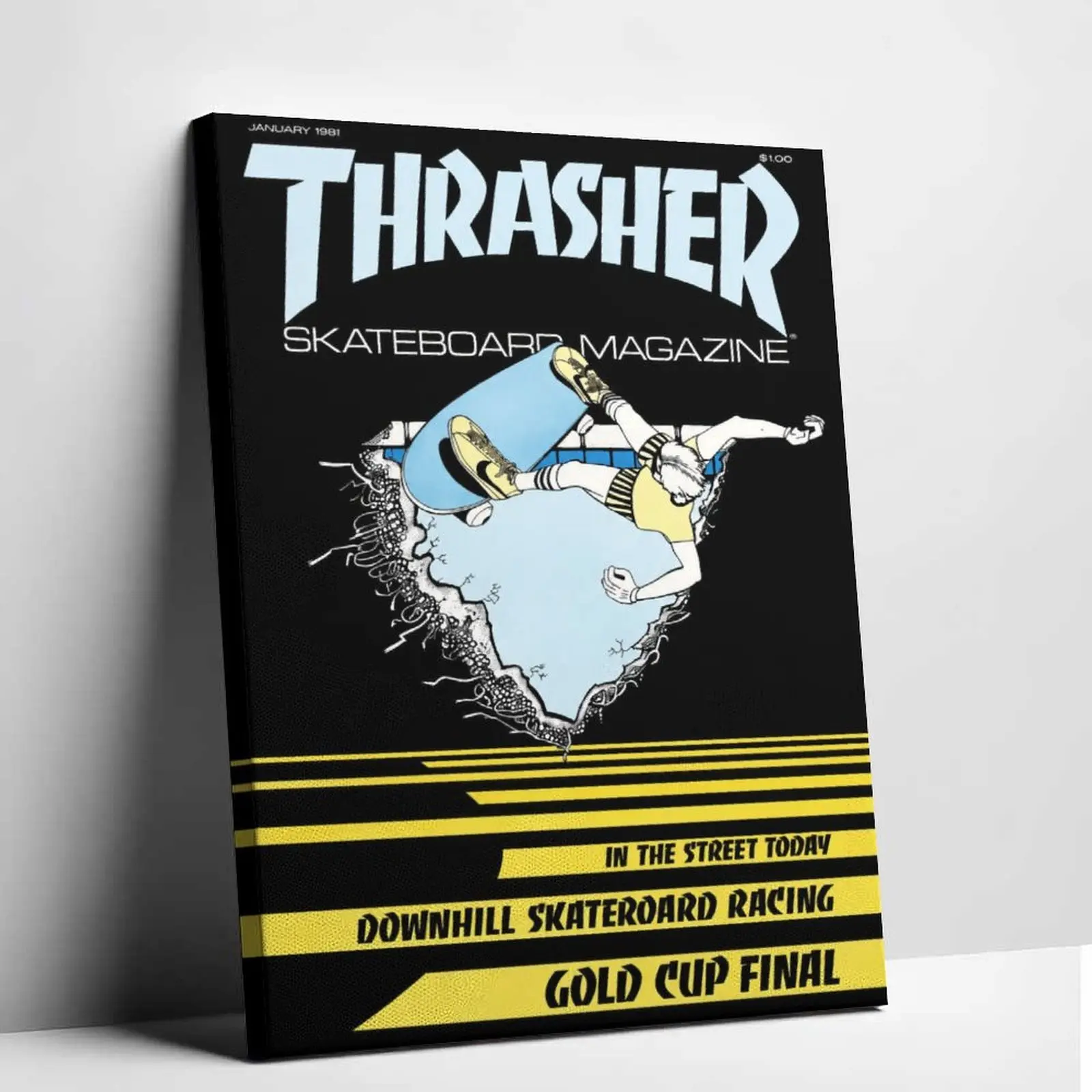 1981 Thrasher skate magazine canvas print, old school pool skater wall poster, retro 80s skate decor for skate shop, teen bedroom, dormitory