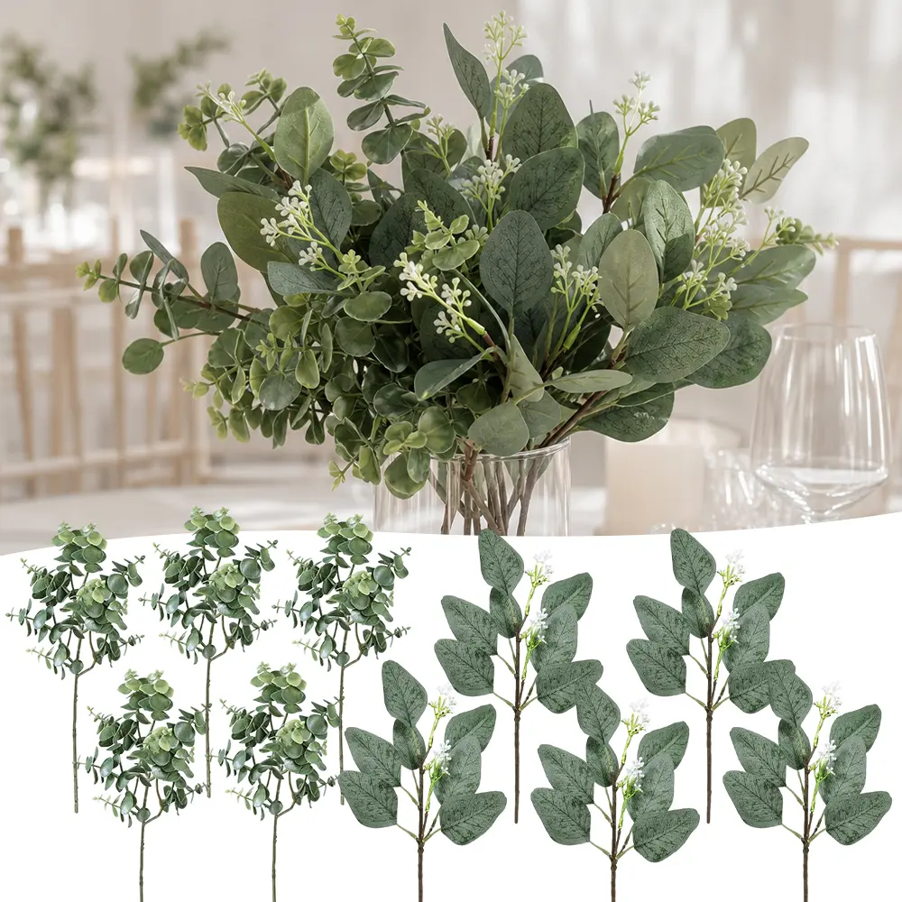 20-Pcs Bulk Silk Mixed Oval Eucalyptus Leaves Bulk Set with White Seed Stems & Spray, Farmhouse Plant Decor for Table, Wedding Floral Arrangements, Vase Displays