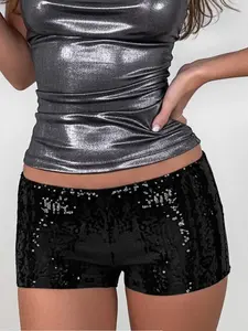 Women's Plain Sequin Low Waist Super Short Hot Pants, Street Style Vintage Fashion, Perfect for Parties and Daily Casual Wear, Womenswear Lady
