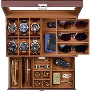 Mens Jewelry Box, Lockable 6 Slot Watch Case & 3 Slot Sunglasses Organizer, 2-layer Mens Jewelry Organizer Watch Box for Men, Watches Holder Display Storage Valentine Birthday Gifts -Brown