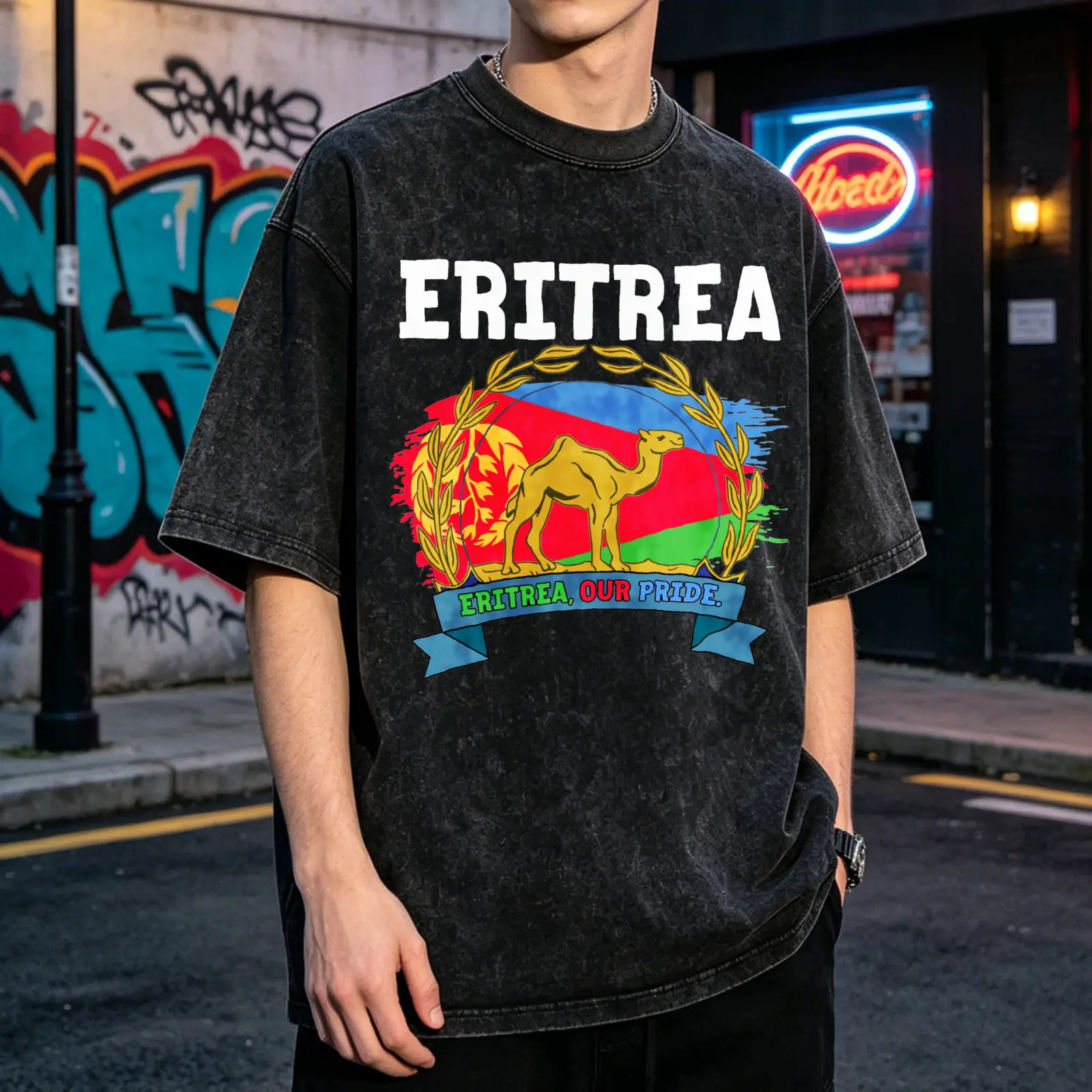 Men's Eritrea Camel Flag Vintage Washed Oversized Round Neck T-Shirt - Breathable Soft Short Sleeve Tee, L=US(12-14), M=US(8-10), Machine Washable All-Season Casual Pride Graphic Menswear Top for Day Outdoor Use