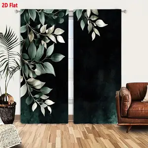 2D Flat Teal & White Leaf Pattern Blackout Curtain 2-Piece Set, Decorative Branch Floral Border Design, Dark Textured Background with Watercolor Effect, Elegant Serene Natural Style Window Curtains for Living Room Bedroom