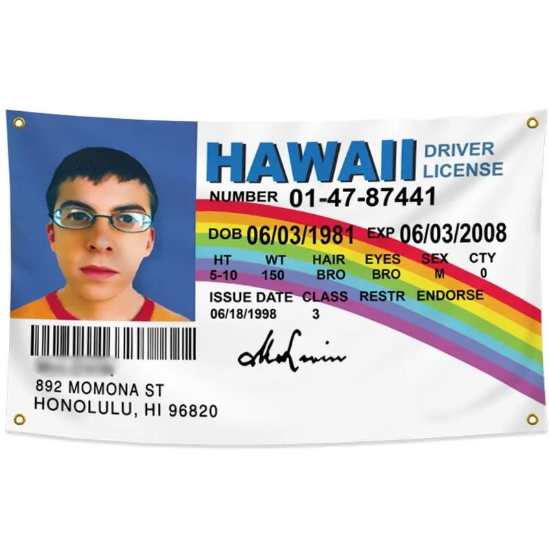 Mclovin Hawaii ID Flag Tapestry - 3x5 ft Polyester Home Decor, 4 Brass Grommets, Funny Fake Driver License Banner for College Dorm (Size-Specified Decor)