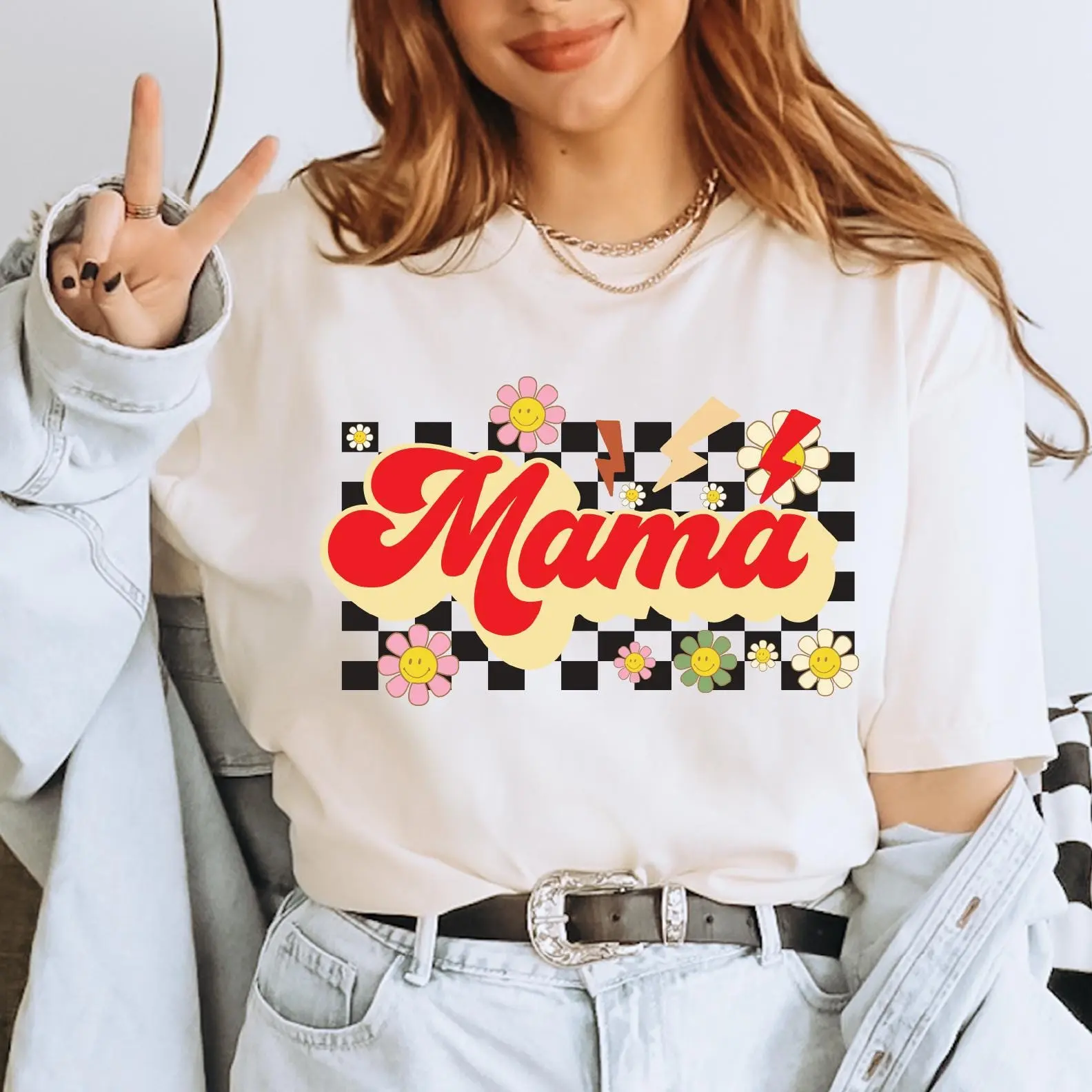 Comfort Colors Flower Graphic Tee, Checkerboard Mama Tee, Vintage Style Mom Shirt, Lightning Bolt Mama Shirt, Funky Mama Shirt, Colorful Retro Mom