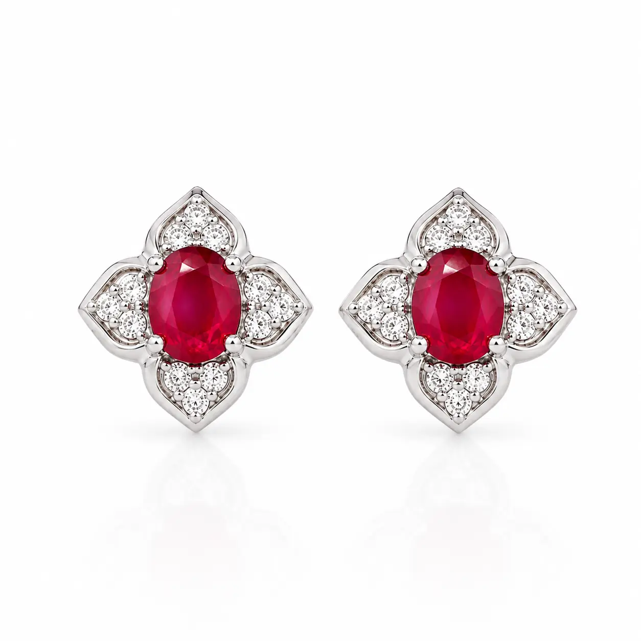 Elegant Unisex Sterling Silver Floral Stud Earrings, 4x5mm Oval Natural Ruby Gemstone with Included Cubic Zirconia, Ideal for Special Events