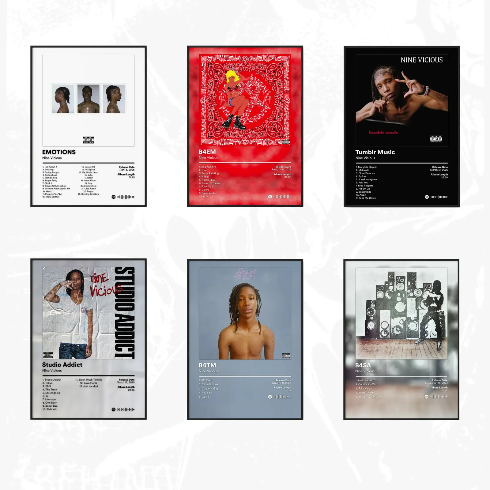 SET 6 Nine Album Music Rapper Poster Premium Wall Art Poster Unframed HD Print Home Office Decor Unique Trendy Gift