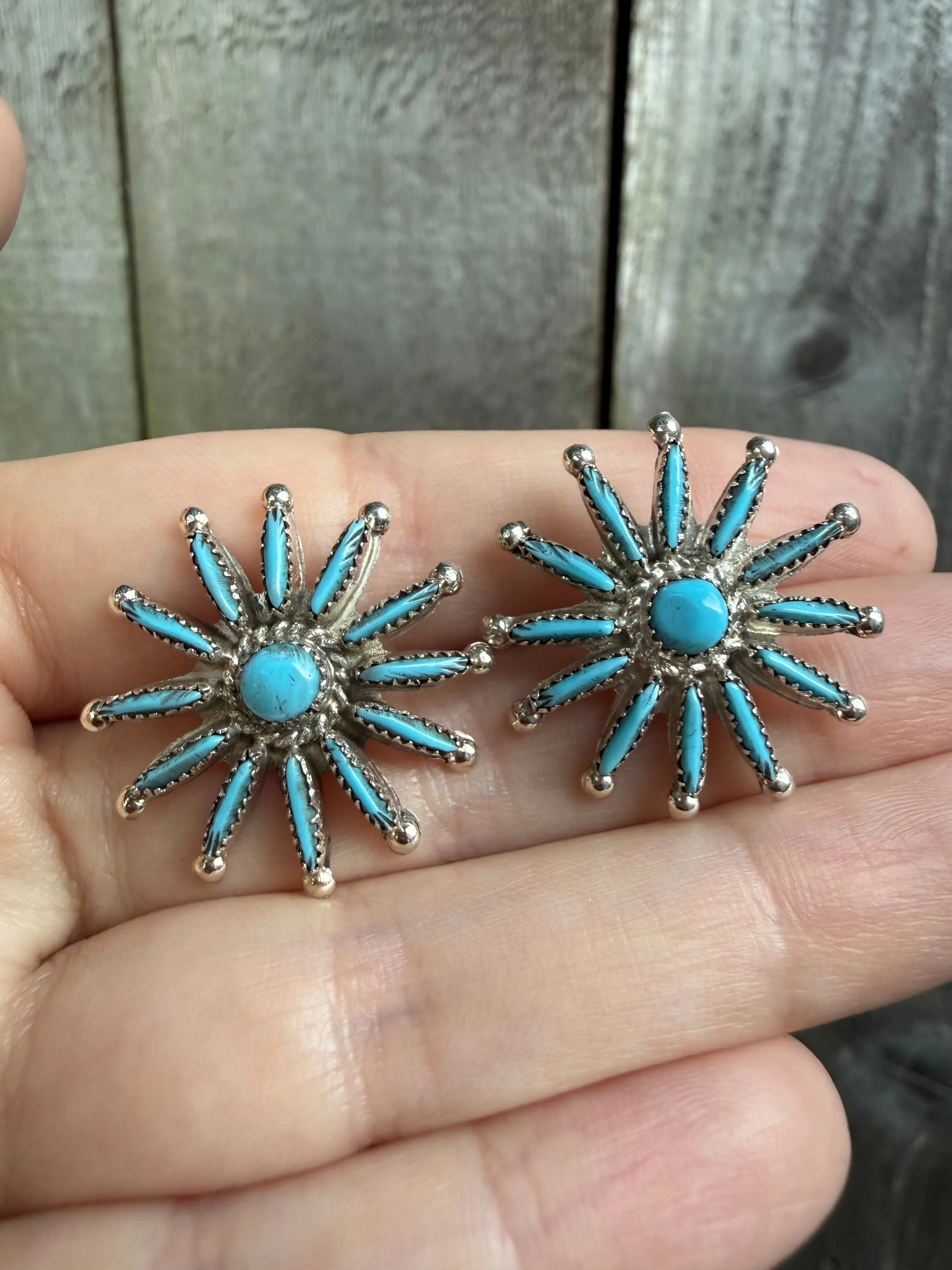 Zuni Neddlepoint Full Flower Sterling Silver Stud Earrings