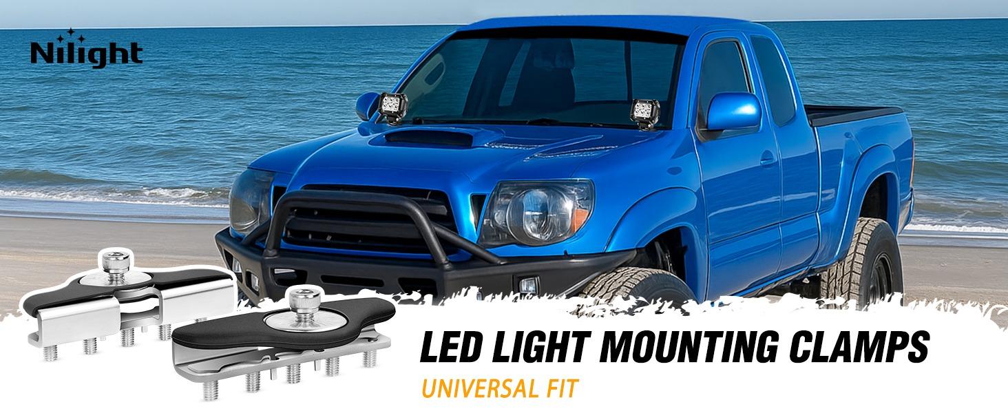 Nilight 90025B Led Light Bar Mounting Brackets 2pcs Universal Hood Led Work Light led Pods Mount Bracket Clamp Holder for SUV Truck Off Road Installed No Need Drilling, 2 Years Warranty,Black