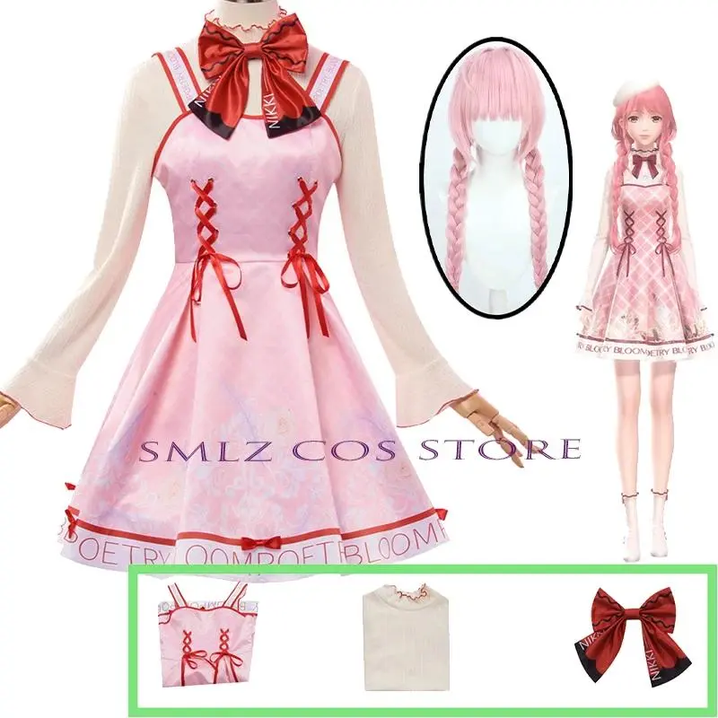 Idylls Nikki Cosplay Game Infinity Nikki Costume Woman Pink Dress Sweater Headgear Wig Set Halloween Party Play Outfit for Women