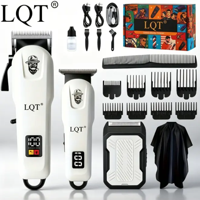 LQT All White 3-in-1 Barber Kit - Dual Cordless Hair Clippers & Foil Shaver with LCD Digital Display, Home Haircut Set with Guide Combs, Hair Cape, Full Salon Accessories