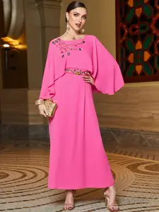 Bright Arabic Robe Women's Middle East Dubai Style Cape Sleeve Dress, Wedding Gown, Heavy Embroidery Gem Belt, High-End Evening Party Dress