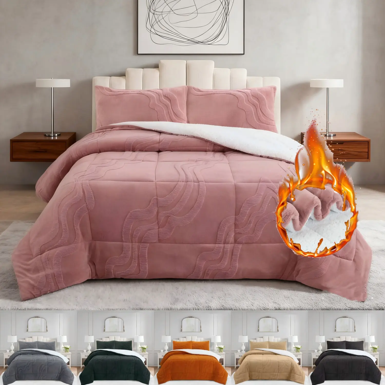 3-Pcs Luxury Sherpa Bedding Set, Queen-King Size, Wave Jacquard Pattern, Anti-Static, Warm Winter Heavy-Weight Soft Plush Blanket, Hotel-Style Bedspread for Master Bedroom Home Decor, Bedding Sets, Queen Bedding Sets