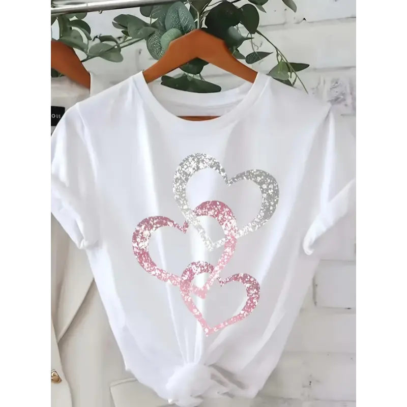 Women's Summer Casual Short Sleeve T-Shirt - Vibrant Pink Gradient Heart Print, Relaxed Fit Round Neck, Medium Stretch Breathable Fabric, Machine Washable Korean Style Top, Glitter Texture Hearts, Comfortable Fit Shirt