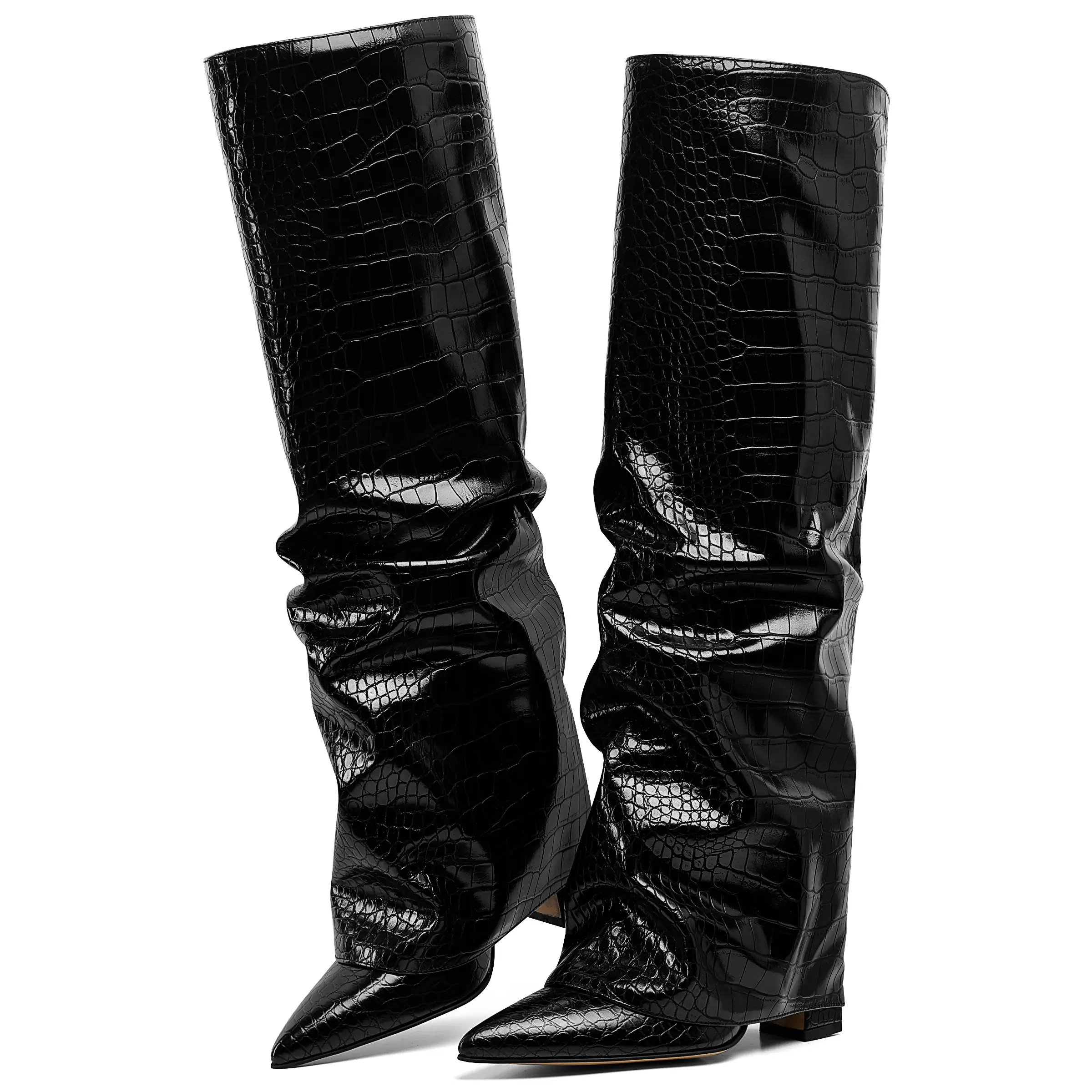 Knee-High Boots for Women, Korean Minimalist PU Leather with Crocodile Pattern, Pointed Toe Chunky Block Heel and Wide Calf for Party Wear, Footwear, Rubber, Synthetic Liner