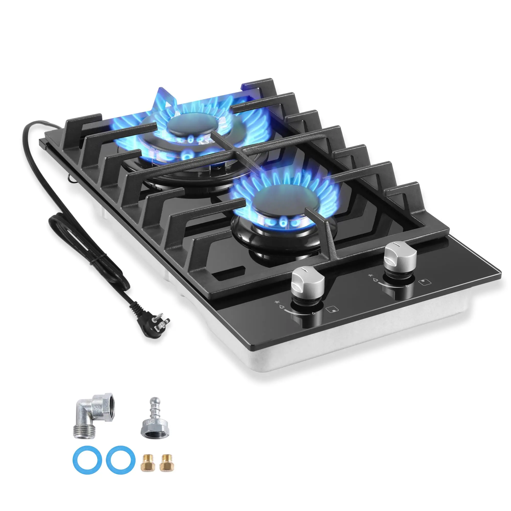 12-Inch Built-in Tempered Glass 2-Burner Portable Heavy Duty Stove (Model GH002-122G) - Safety Shutoff, Easy-Clean, High Efficiency, Dual Fuel Convertible (LPG/NG), Natural Gas Stove for Home & Commercial Use