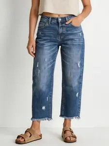 IDEALSANXUN Women's High-Waisted Breathable Cotton Bottoms - Stretchy Straight-Leg Cropped Jeans with Button, Pockets, Distressed Frayed Hem, Low Rise Option for Curvy Girls (Spring, Summer, Short Torso Friendly) Casual Denim Pants