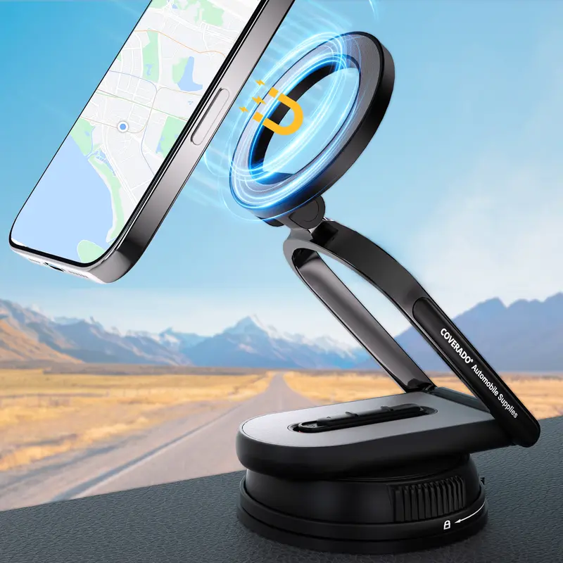 Coverado Cell Phone Mount - Foldable Portable Car Phone Holder, Magnetic Quick Mount, 360° Rotatable, 18N Grip Force, Faux Leather, Easy Install on Smooth Surfaces, Secure Holder for Smartphone, Compatible with iPhone 16 Plus