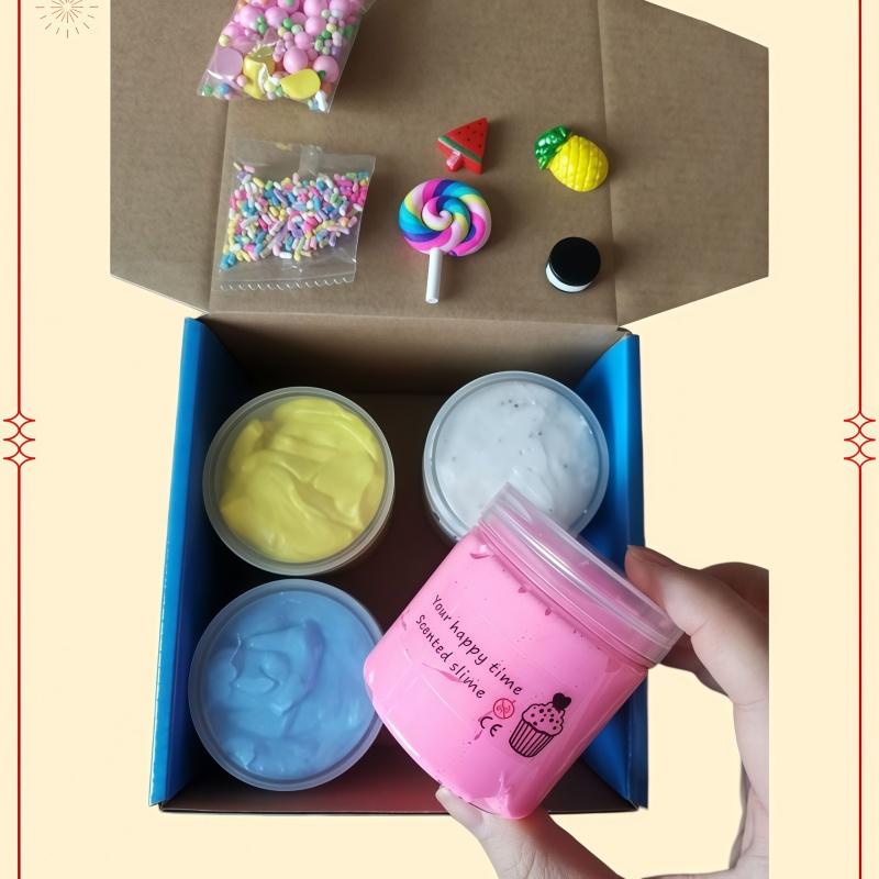 4-piece combo set Cloud-soft butter texture! 4-color cotton slime set, super stretchy and stress-relieving sensory slime kit.