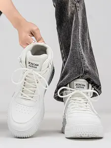 New Thick Sole Height Increasing Fashion Couple High Top Sneaker Boots, Breathable Hole Punch Patchwork Anti-Slip Wear-Resistant Comfort Shoes