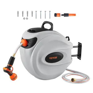 VEVOR Retractable Hose Reel, 100 ft x 1/2 inch, 180° Swivel Bracket Wall-Mounted, Garden Water Hose Reel with 9-Pattern Nozzle, Automatic Rewind, Lock at Any Length, and Slow Return System