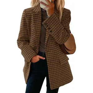 Mina Self 2026 Women's Long Sleeve Tweed Plaid Houndstooth Wool Blazer Outerwear - Fully Lined, Loose, Business Casual Elegant Suit with Pockets