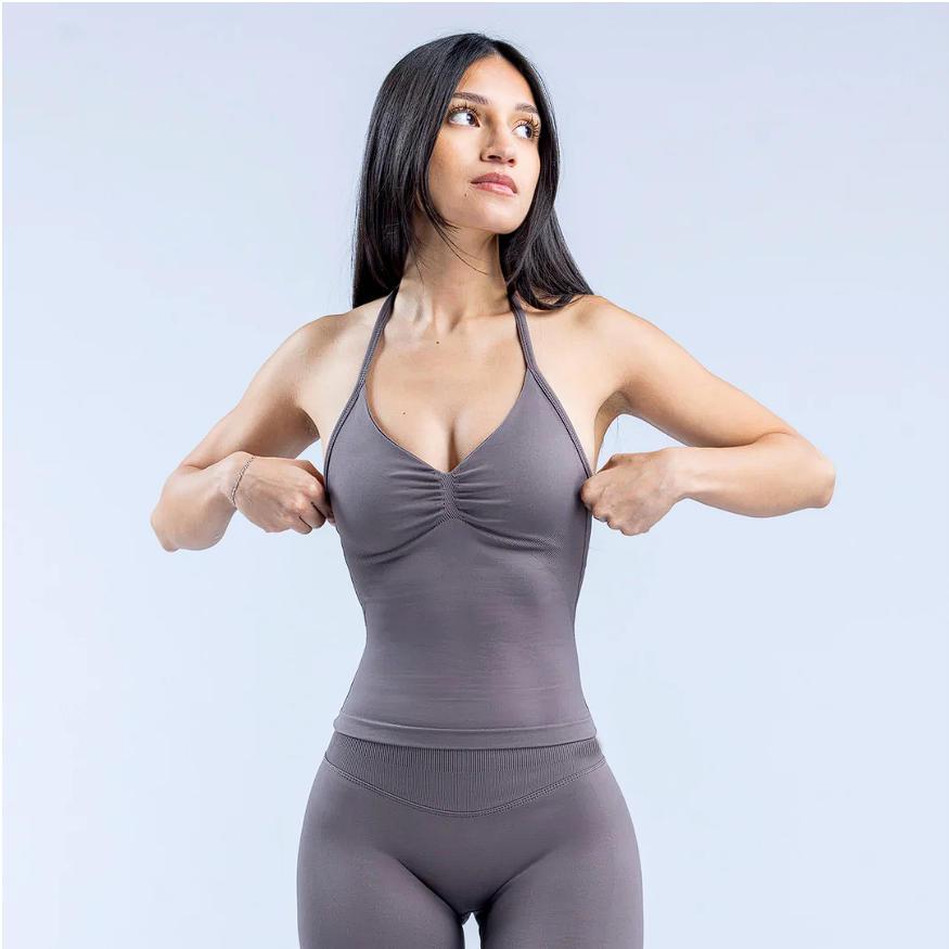 (With Logo) DFYNE 2 Piece Seamless Workout Outfit - Ruched Halter Sports Top & High Waist Activewear for Running & Gym Quick-Dry Compression Fitness Set