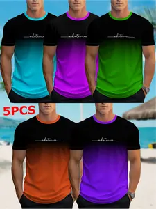 5pcs Pack Men's Short Sleeve T-Shirts - Casual Round Neck Gradient Text & 3D Digital Print Tees Suitable for All Adult Men & Teen Boys - Machine Washable Year-Round Comfortable Casual Attire with Strap Line Designs