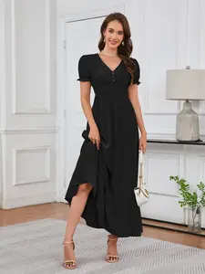 Women's Plain Curved Hem Hem Semi-sheer Dress, Casual Flounce Sleeve V Neck Dress for Spring & Fall, Women's Clothing for Daily Wear