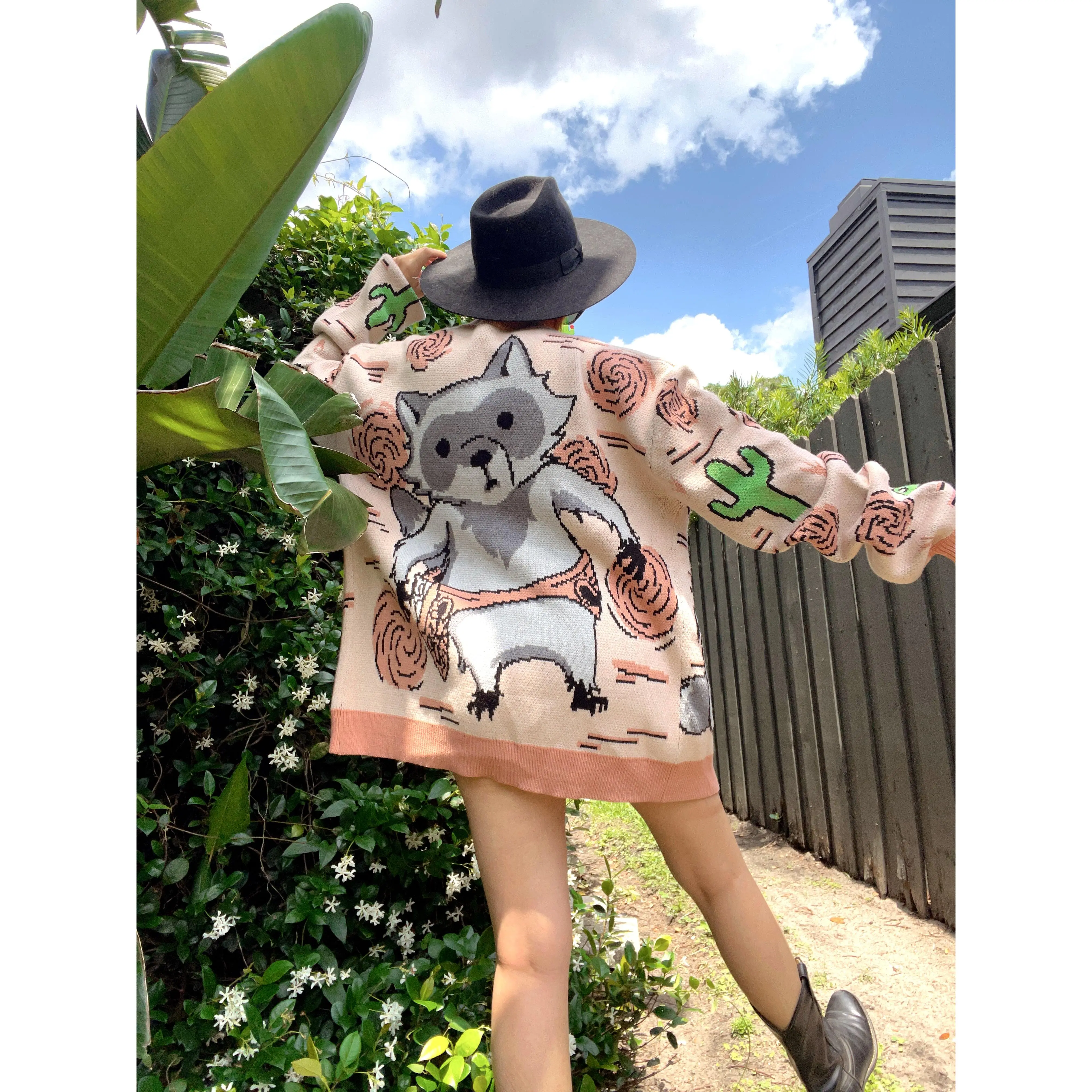 Steady Hands Outlaw Knit Cardigan Beige Gray Raccoon Cowboy Bandit
