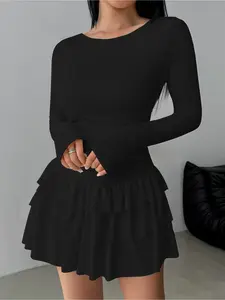 Spring Solid Color Slim Fit Cascading Ruffles Mini Dress Women Elegant Flare Sleeve Long Sleeve High Waist Sexy Party Bodycon Dresses Womenswear