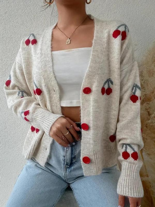 Women's Cherry Pattern Button Front Knitting Longsleeves Cardigans, Casual Elegant Long Sleeve Sweater Cardigan for Fall & Winter, Women's Knit Clothing for Daily Wear, Cardigan for Women, Women's Cardigan, Womenswear, Knitwear,Clothe Knitted Outfit Tops