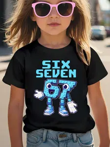 Blue Robot Six Seven Print Girls Casual Sports Short Sleeve, Comfortable Soft Fabric, Youth Fashion Clothing, Cartoon Print Tee, Perfect Gift for Kids