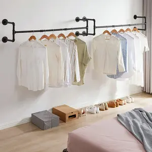 40 Inch Wall Mounted Clothing Rack Heavy Duty Industrial Pipe Clothes Rack Space Saving Black Steel Hanger for Closet Laundry Room 4 Bases Easy Install Sturdy Construction Iron Metal