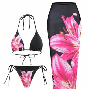 ,2026 Women's three-piece swimsuit with new printed triangle cup, sexy quick-drying cover-up dress and bikini|Free Gift Double-Layer Anklet