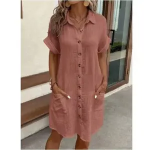 Casual Solid Color Cotton Linen Breasted Mid-Length Short Sleeve Loose Dress Women's Clothing
