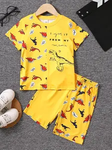 Mother's Day Toddler Boy Shorts Set Summer Fashion Dinosaur Print Casual Round Neck Short Sleeve Top Shorts Two-Piece Suit