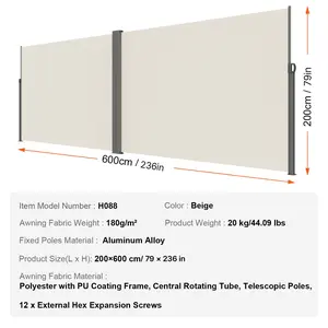 VEVOR Retractable Side Awning, 79''x 236'' Outdoor Privacy Screen, 180g Polyester Water-proof Retractable Patio Screen, UV 30+ Room Divider Wind Screen for Patio, Backyard, Balcony, Beige