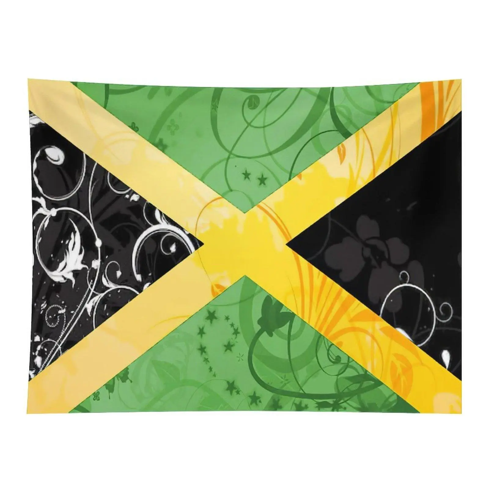 Artistic Jamaica Flag Swirl Floral Star Ornament Wall Tapestry Creative Pattern Caribbean Culture Inspired Home Wall Decor