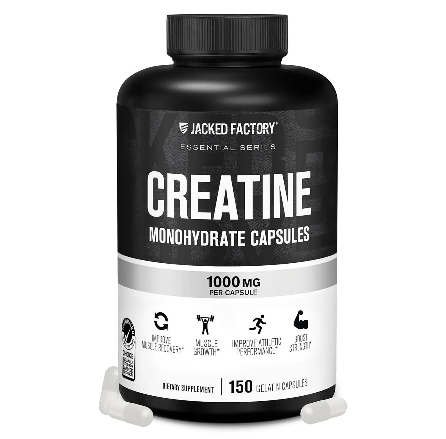 Jacked Factory Creatine Monohydrate Capsules - Creatine Pills for Muscle Growth, Increased Strength, Enhanced Energy Output and Improved Athletic Performance - 150 Capsules