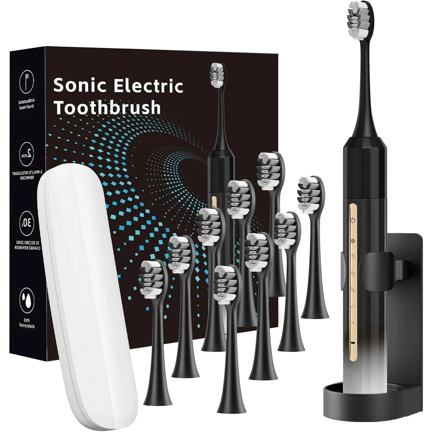 Rechargeable Sonic Electric Toothbrush for Plaque Removal, 5 Modes with Brushing Timer, 10 Brush Heads, 30-Day Charge, IPX8 Waterproof Oral Care for Adults & Kids (Black, White), 30-Day Single Charge, Plaque Removal Solutions, Multiple Sets, Oral Care Pro